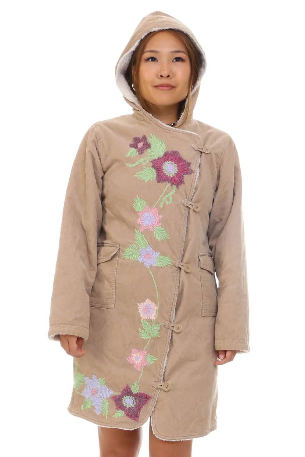 Vintage Y2K Flower Embroidered Corduroy Sherpa Hooded Jacket - S sold by Tunnel Vision product image thumbnail 4