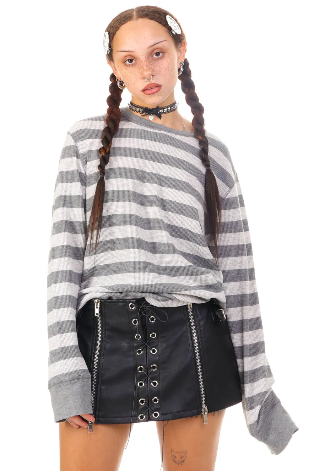 Vintage Y2K Grey Striped Long-Sleeve Thermal - OSFM sold by Tunnel Vision