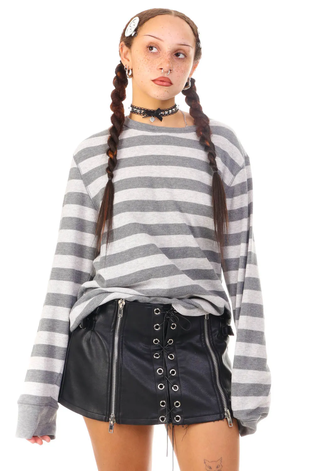 Vintage Y2K Grey Striped Long-Sleeve Thermal - OSFM sold by Tunnel Vision product image thumbnail 3