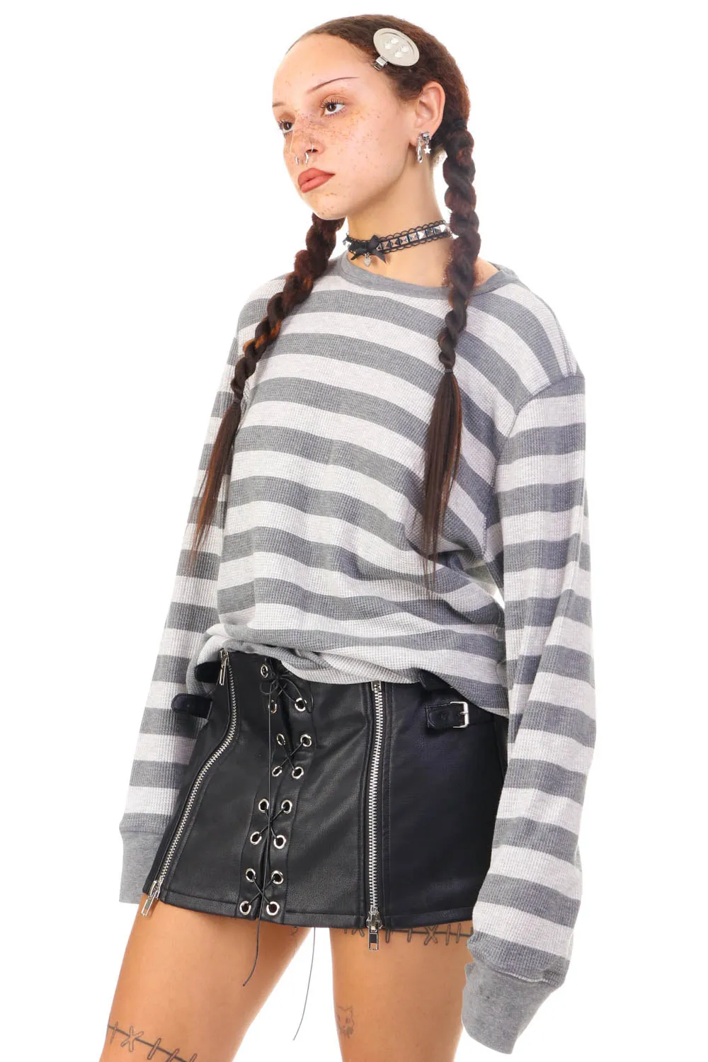 Vintage Y2K Grey Striped Long-Sleeve Thermal - OSFM sold by Tunnel Vision product image thumbnail 4