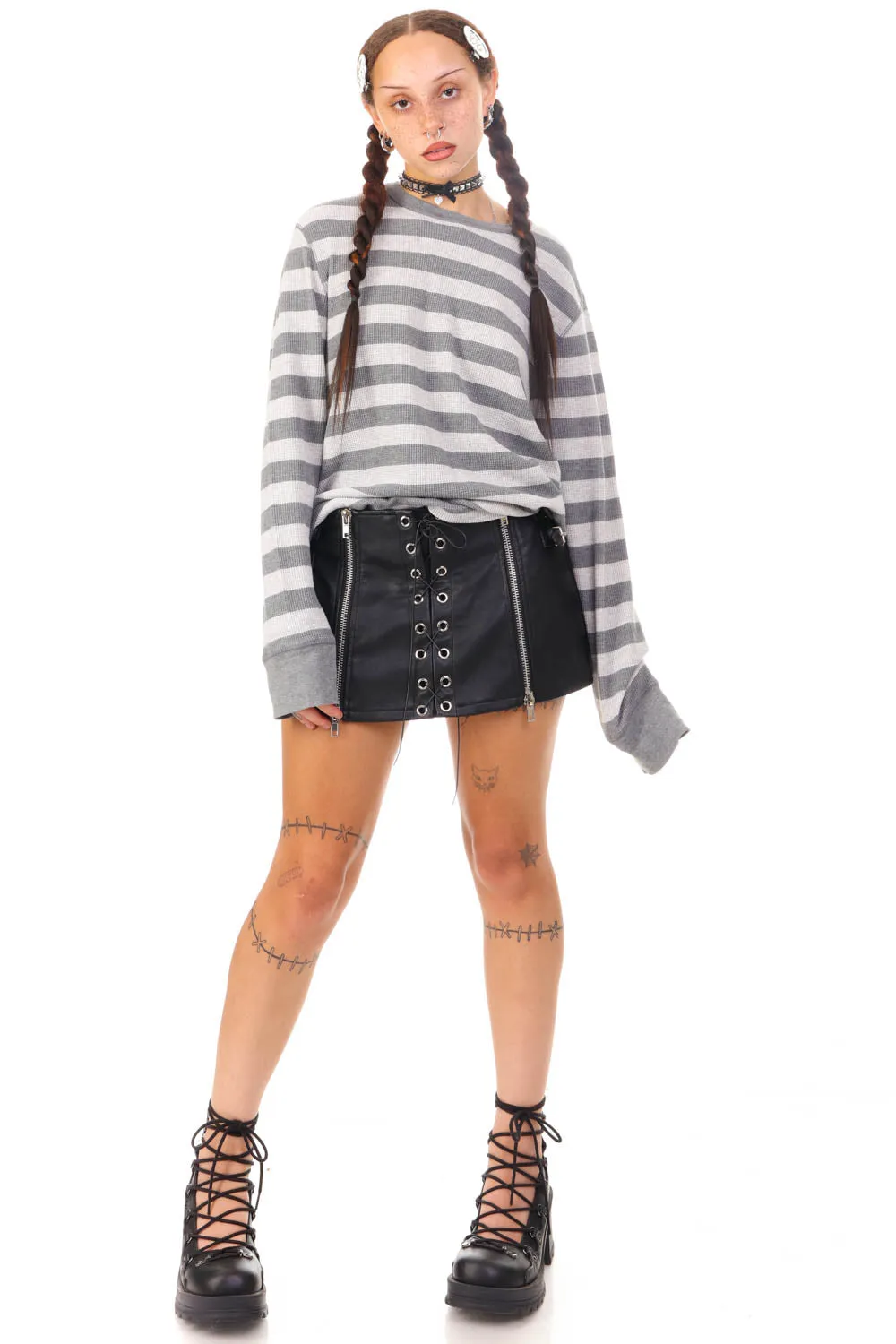 Vintage Y2K Grey Striped Long-Sleeve Thermal - OSFM sold by Tunnel Vision product image thumbnail 2