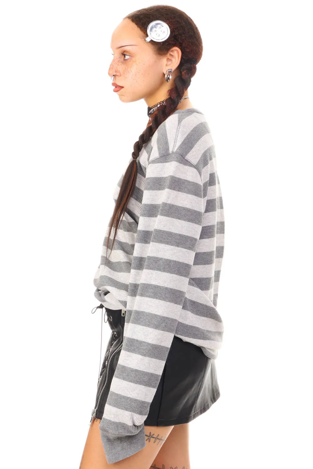 Vintage Y2K Grey Striped Long-Sleeve Thermal - OSFM sold by Tunnel Vision product image thumbnail 5