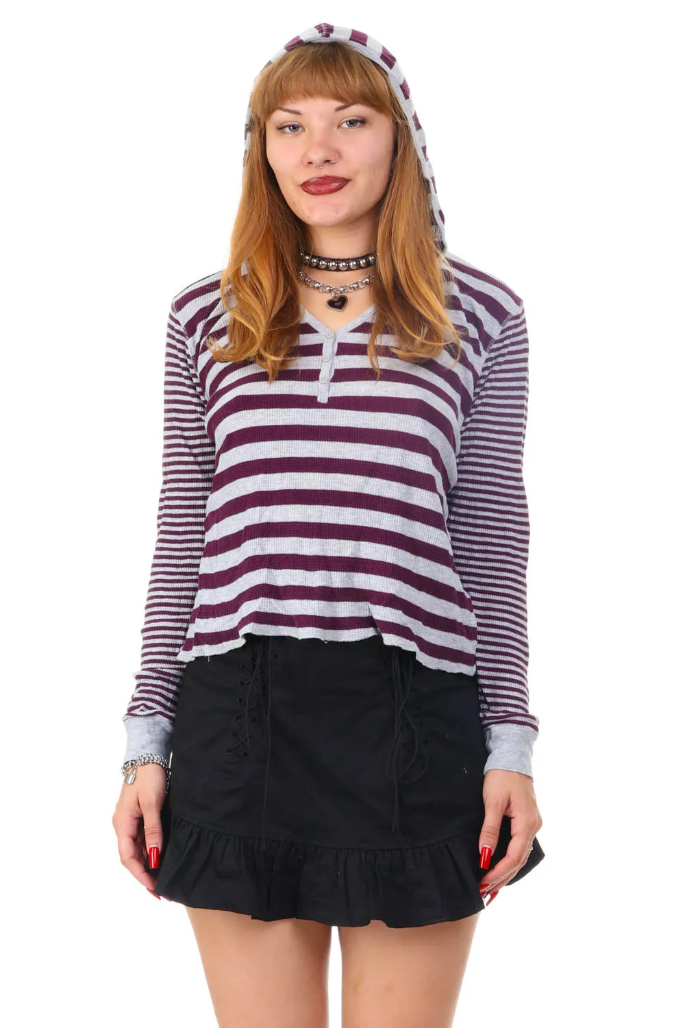 Vintage Y2K Striped Hooded Long-Sleeve Thermal - OSFM sold by Tunnel Vision