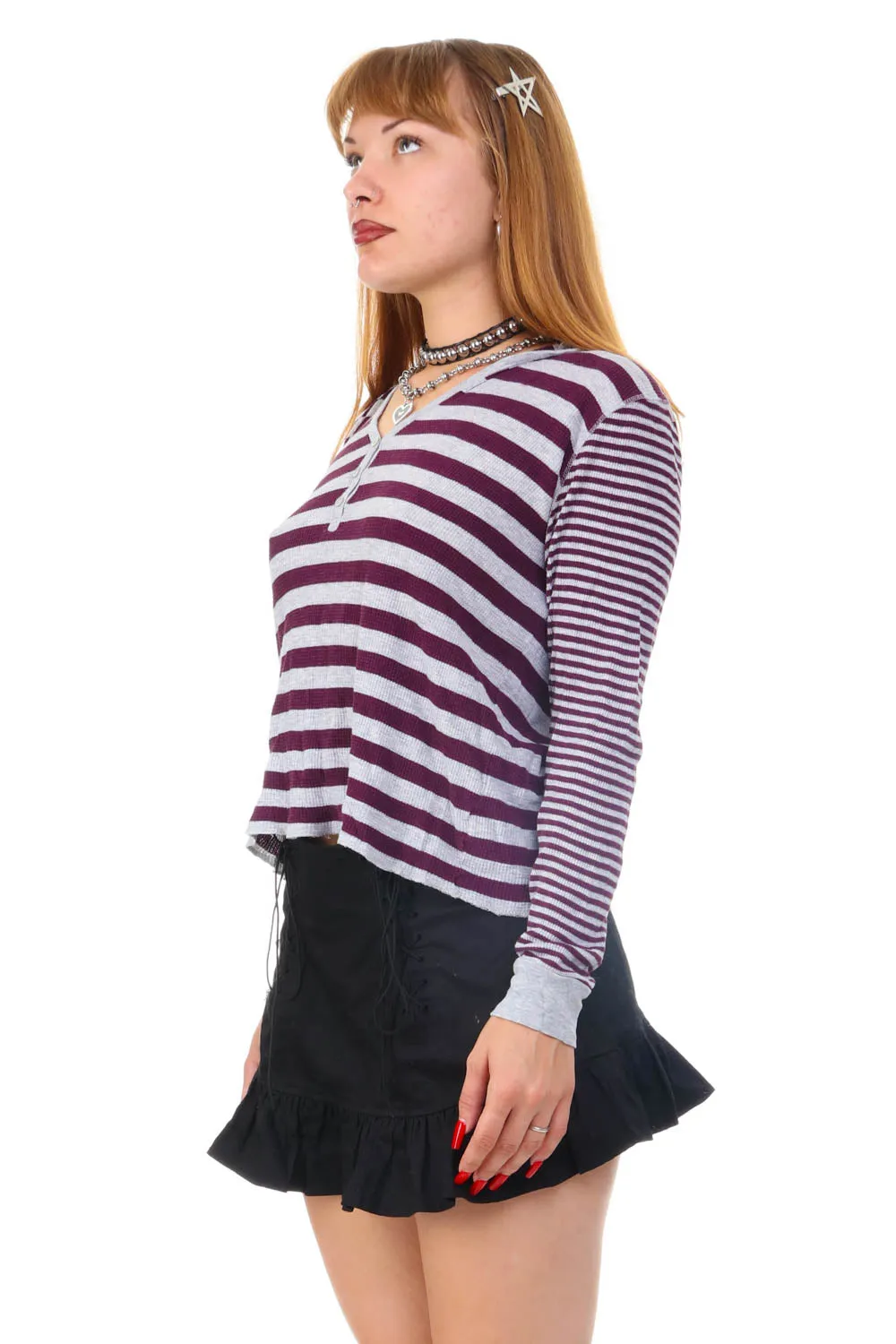 Vintage Y2K Striped Hooded Long-Sleeve Thermal - OSFM sold by Tunnel Vision product image thumbnail 4