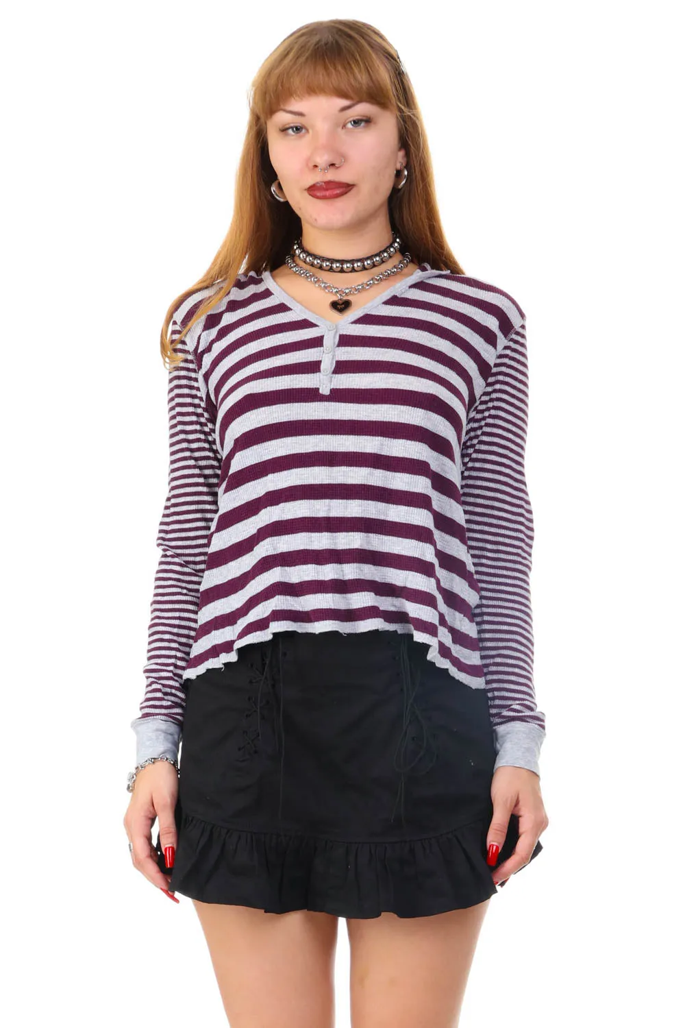 Vintage Y2K Striped Hooded Long-Sleeve Thermal - OSFM sold by Tunnel Vision product image thumbnail 3