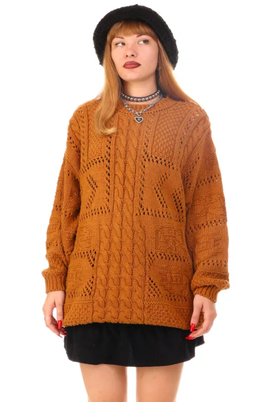 Vintage 90's Camel Cable Knit Grandpa Sweater - OSFM sold by Tunnel Vision