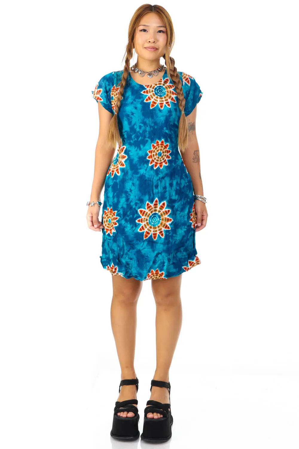 Vintage Y2K Tie-Dye Floral Short-Sleeve Dress - OSFM sold by Tunnel Vision