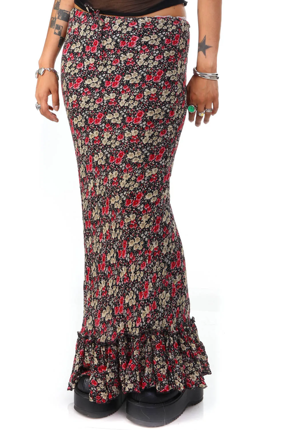 Vintage 90's Romantic Floral Ruffle Maxi Skirt - L/XL sold by Tunnel Vision