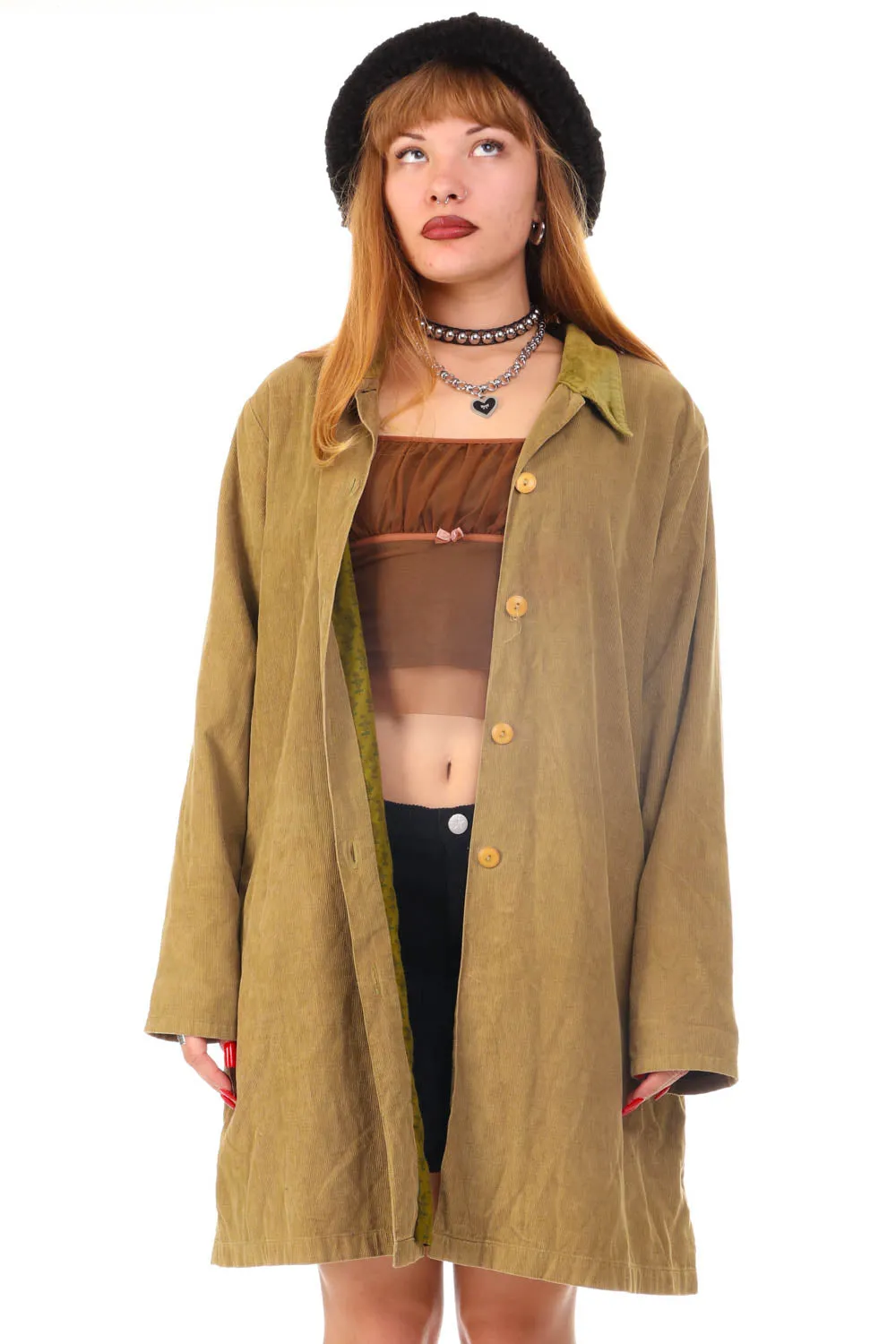 Vintage 90's Olive Green Corduroy Long Button Jacket - OSFM sold by Tunnel Vision product image thumbnail 2