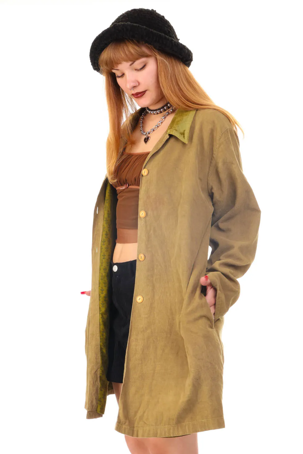 Vintage 90's Olive Green Corduroy Long Button Jacket - OSFM sold by Tunnel Vision product image thumbnail 3