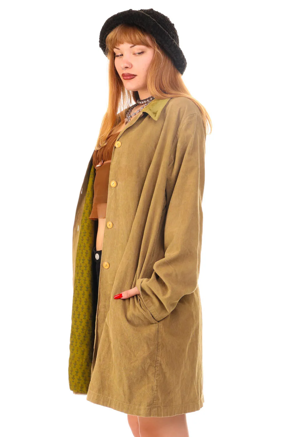 Vintage 90's Olive Green Corduroy Long Button Jacket - OSFM sold by Tunnel Vision product image thumbnail 4