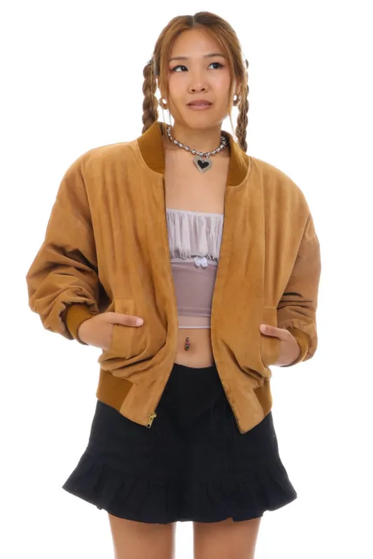 Vintage 90's Camel Buttery Soft Suede Leather Bomber Jacket - S/M sold by Tunnel Vision