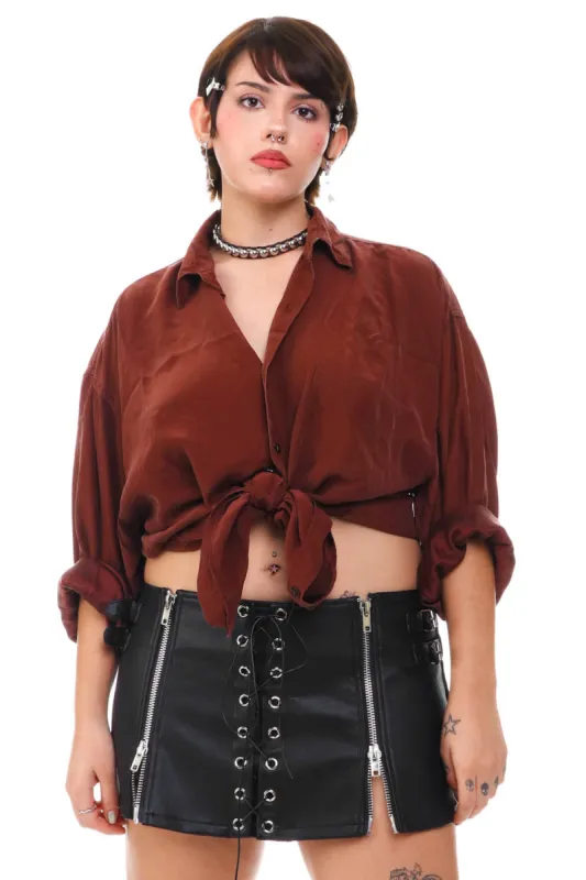 Vintage 90's Brown Silk Button Up Shirt - OSFM sold by Tunnel Vision