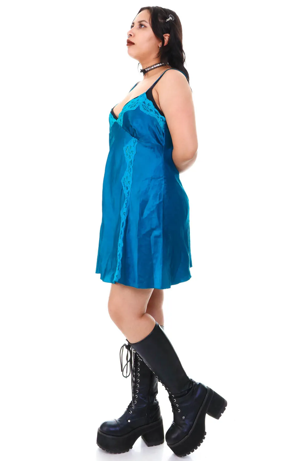 Vintage Y2K Jewel Teal Lace Slip Dress - M/L sold by Tunnel Vision product image thumbnail 3