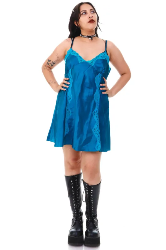 Vintage Y2K Jewel Teal Lace Slip Dress - M/L sold by Tunnel Vision