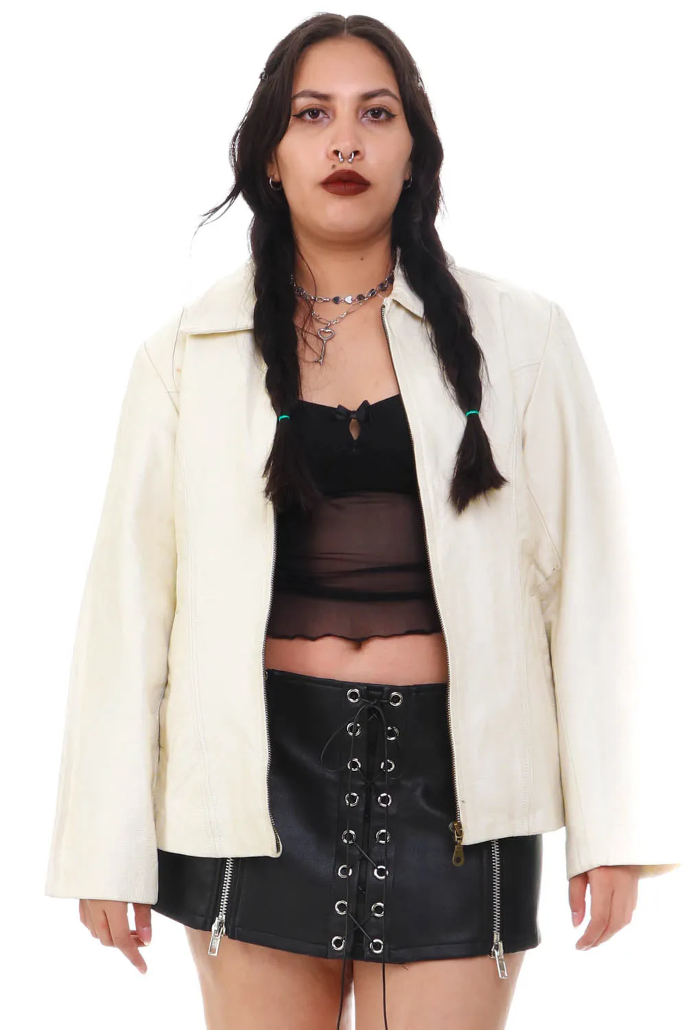 Vintage 90's Sherpa Lined White Leather Jacket - M sold by Tunnel Vision product image thumbnail 2