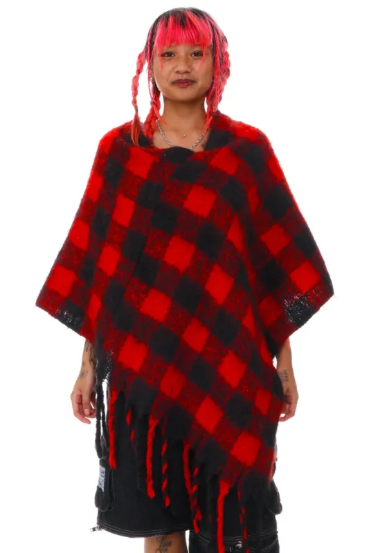 Vintage Y2K Red & Black Cozy Tassle Poncho sold by Tunnel Vision