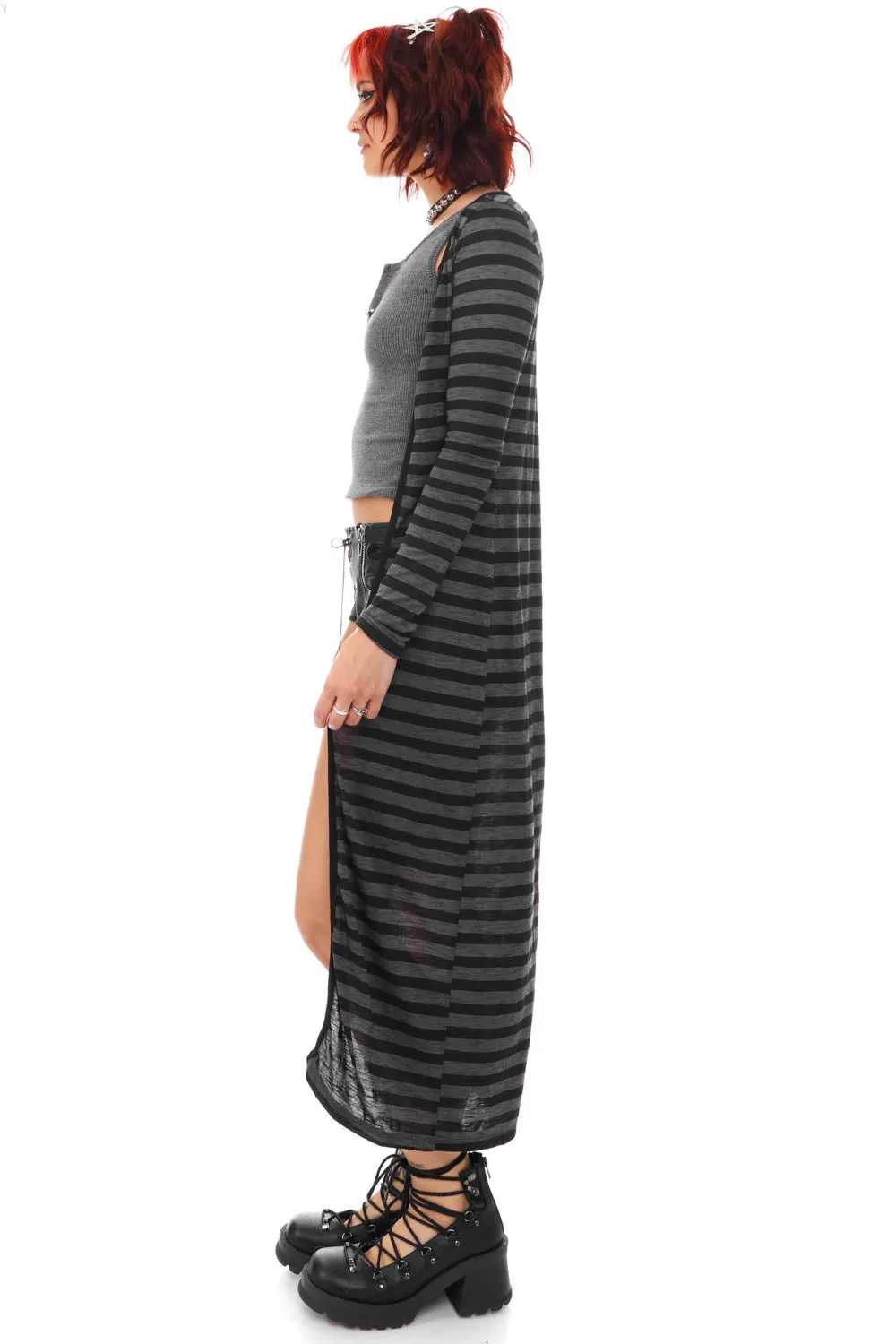 Vintage Y2K Long Line Black Striped Cardigan - S sold by Tunnel Vision product image thumbnail 4