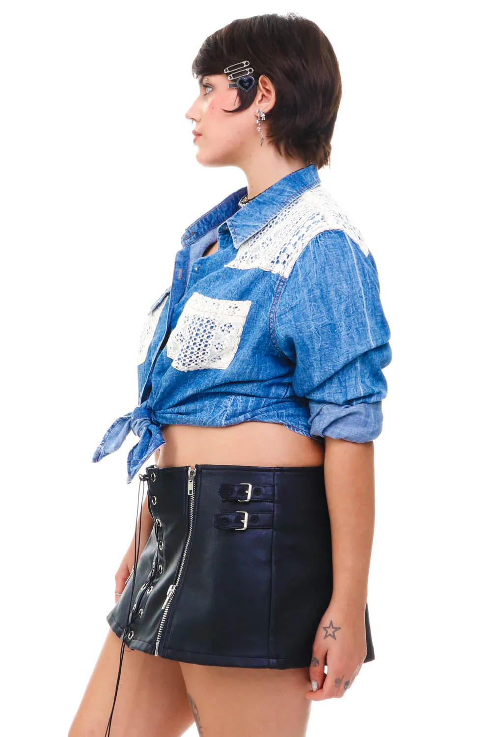 Vintage Y2K Denim Lace Button Up - M/L sold by Tunnel Vision product image thumbnail 5
