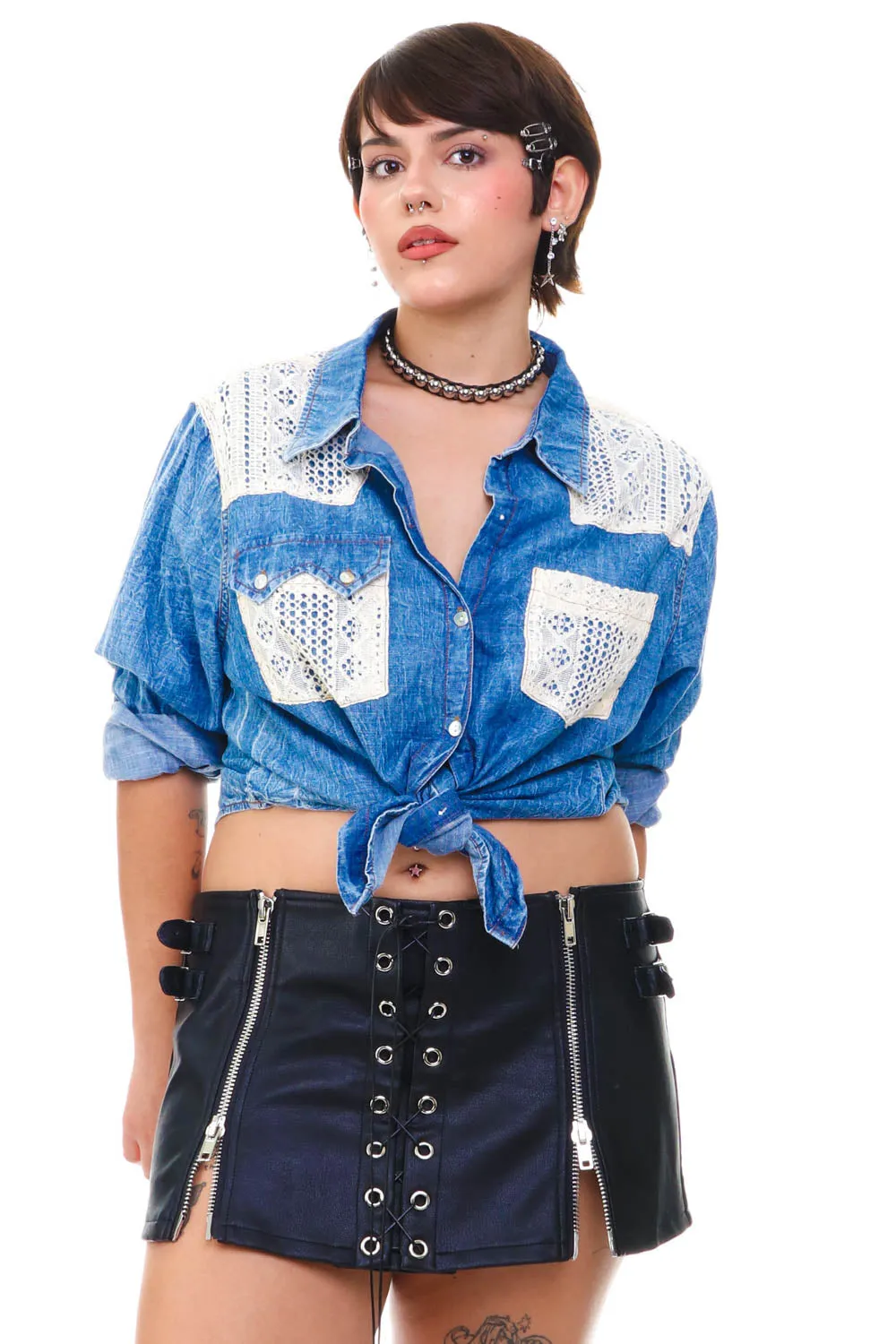 Vintage Y2K Denim Lace Button Up - M/L sold by Tunnel Vision product image thumbnail 3