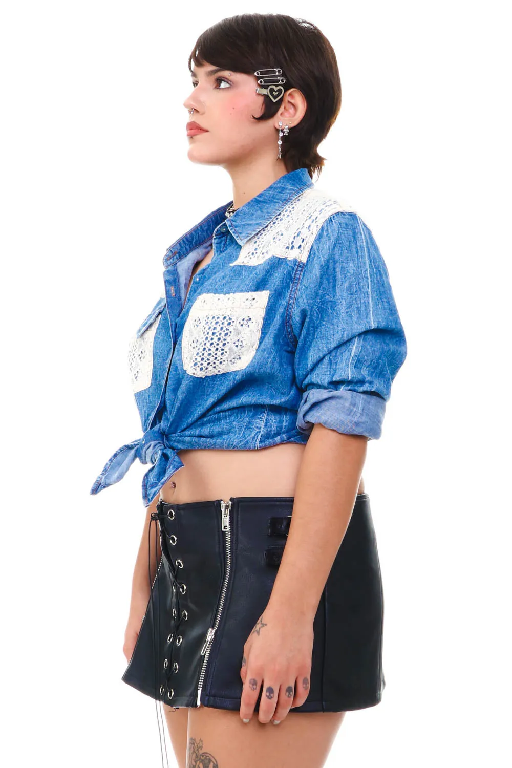Vintage Y2K Denim Lace Button Up - M/L sold by Tunnel Vision product image thumbnail 4