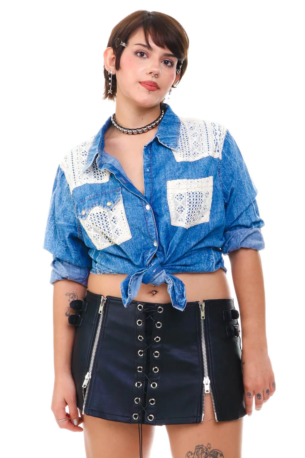 Vintage Y2K Denim Lace Button Up - M/L sold by Tunnel Vision