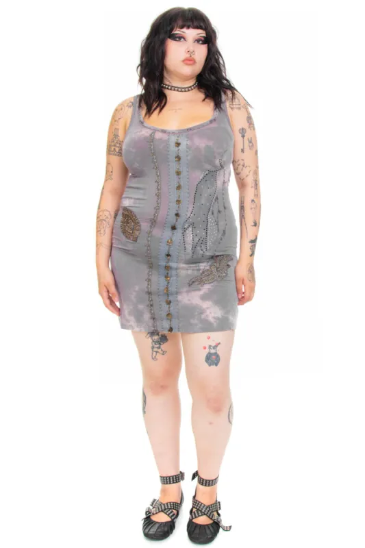 Vintage Y2K Decorated Tie-Dye Grey Fairy Tank Dress - OSFM sold by Tunnel Vision