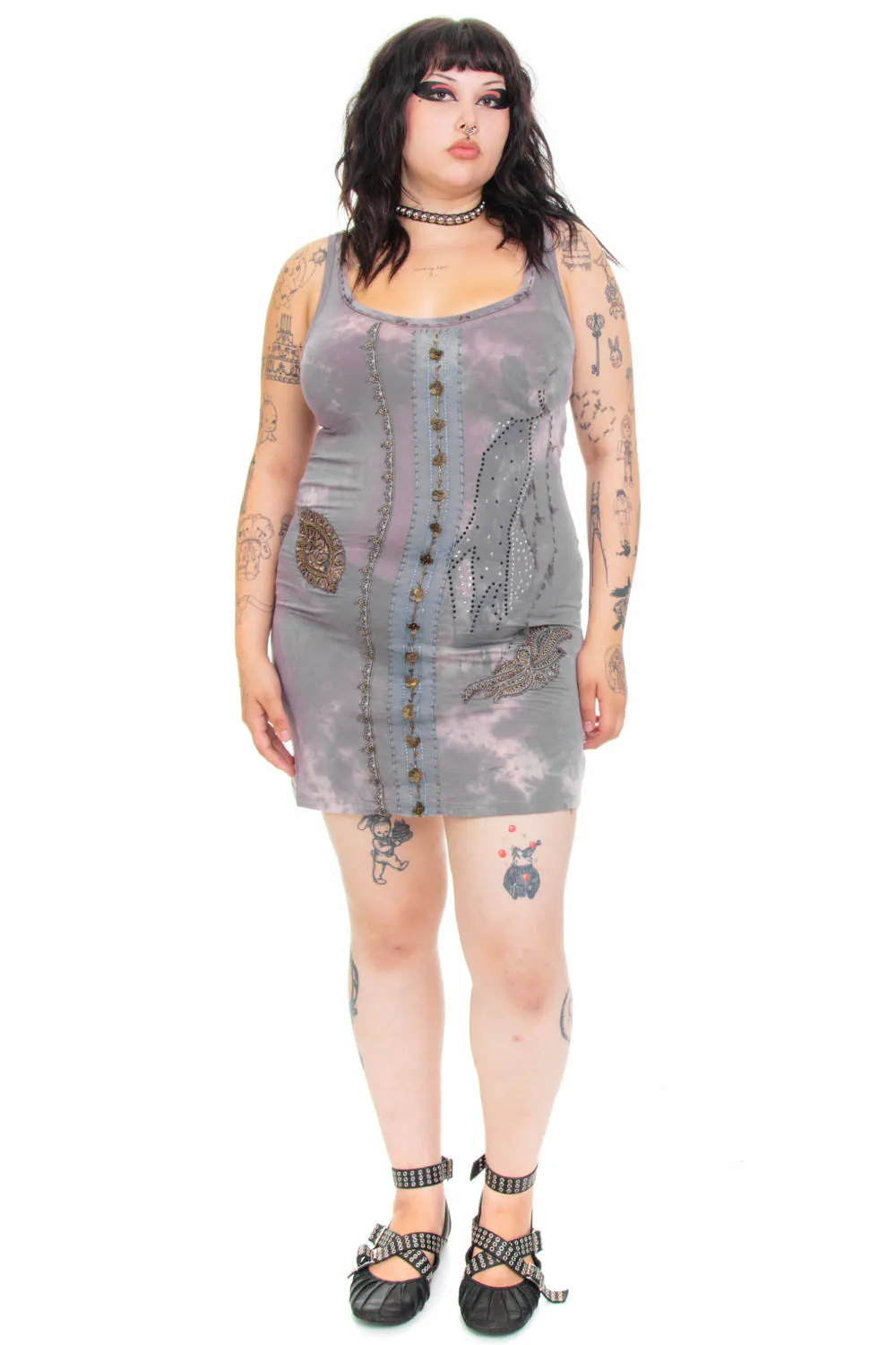 Vintage Y2K Decorated Tie-Dye Grey Fairy Tank Dress - OSFM sold by Tunnel Vision