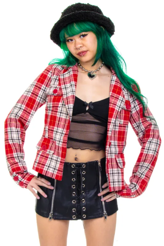 Vintage Y2K Red Plaid Crop Button Jacket - XS/S sold by Tunnel Vision