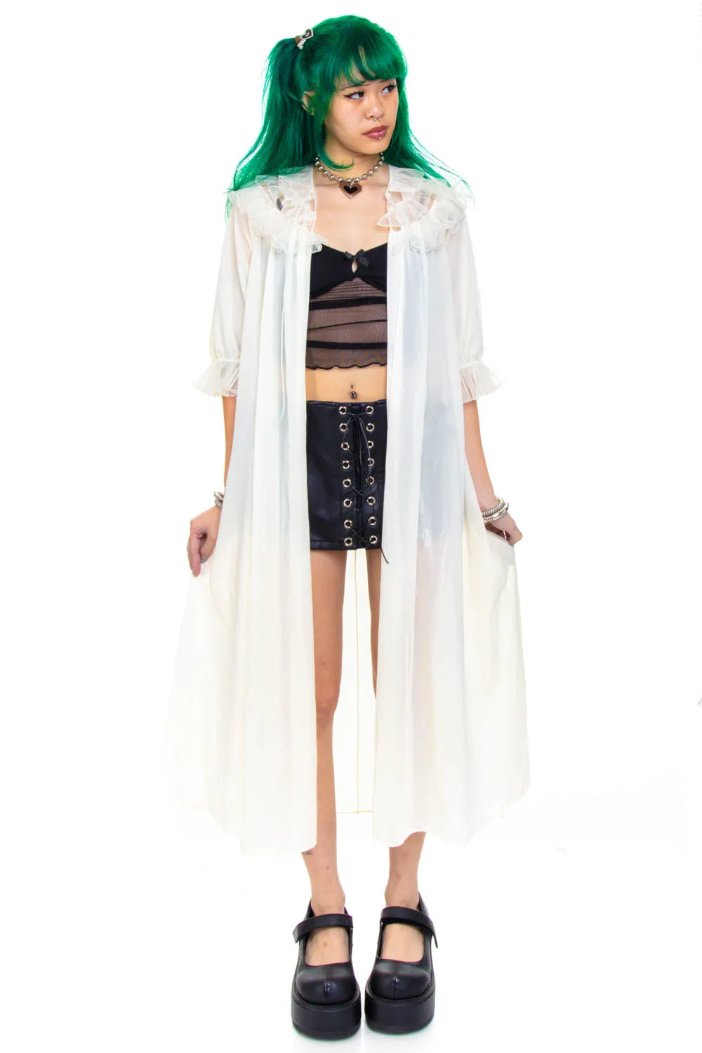 Vintage 70's Ghostly White Ruffly Sheer Duster - XS/S/M sold by Tunnel Vision