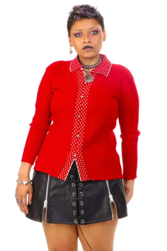 Vintage Y2K Red Polka Dot Ribbed Knit Long-Sleeve - OSFM sold by Tunnel Vision