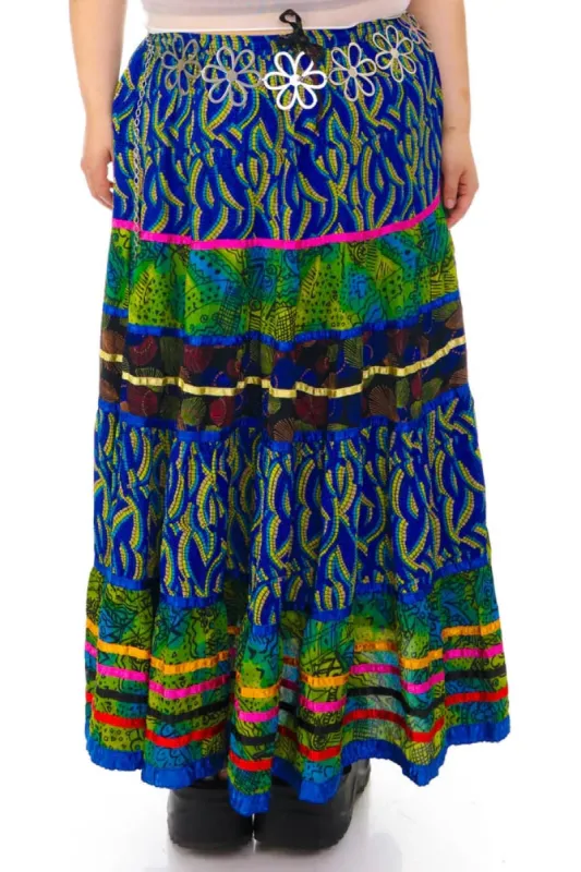 Vintage 90's Rainbow Trim Tiered Pattern Maxi Skirt - 2X/3X sold by Tunnel Vision
