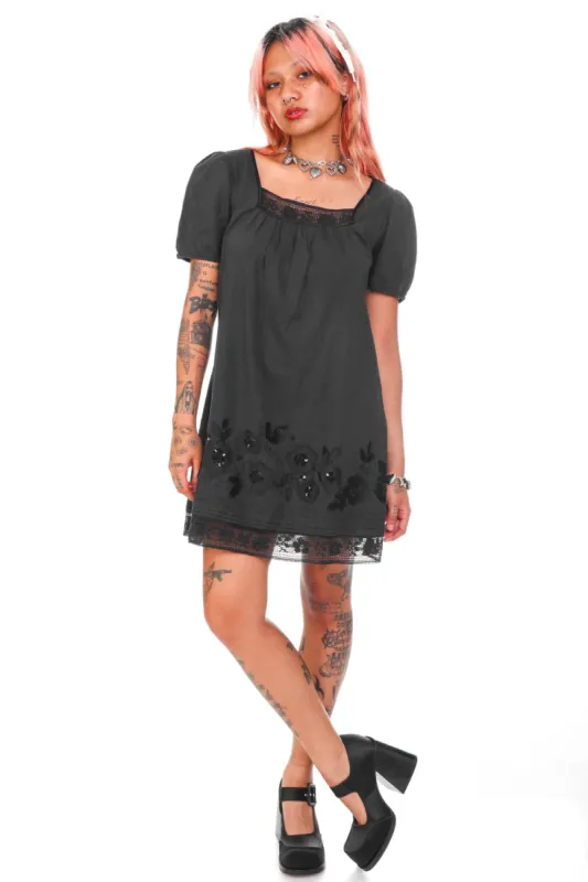 Vintage Y2K Lu Lu Lame Black Flower Cotton Dress - OSFM sold by Tunnel Vision