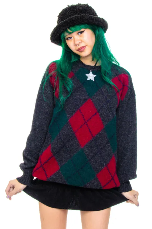 Vintage 90's Grey Wool Argyle Knit Sweater - OSFM sold by Tunnel Vision