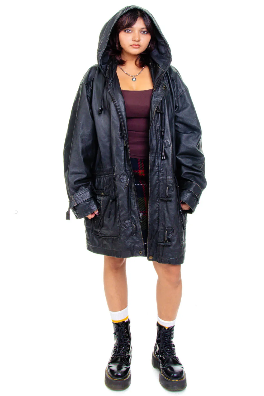 Vintage 80's Wilson's Hooded Matrix Black Leather Jacket - OSFM sold by Tunnel Vision product image thumbnail 4