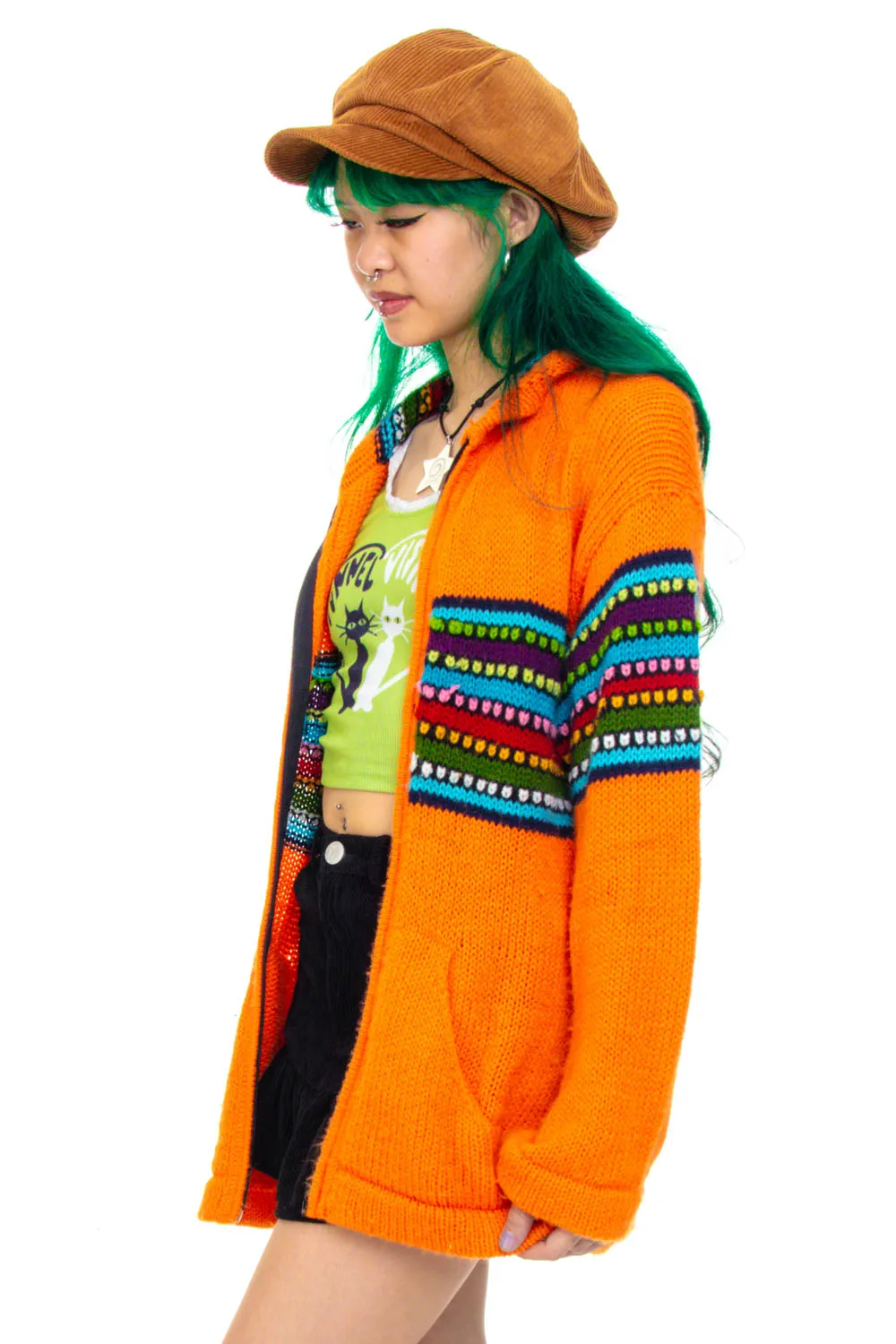 Vintage 90's Orange Rainbow Stripe Zip up Hoodie - OSFM sold by Tunnel Vision product image thumbnail 5