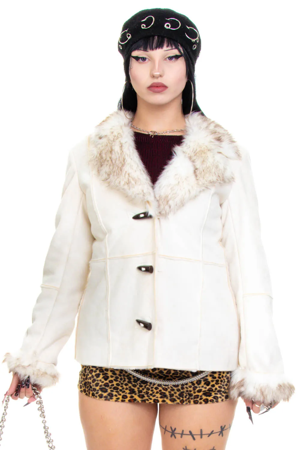 Vintage Y2K Cream Faux Fur-Trimmed Coat - M/L sold by Tunnel Vision product image thumbnail 3