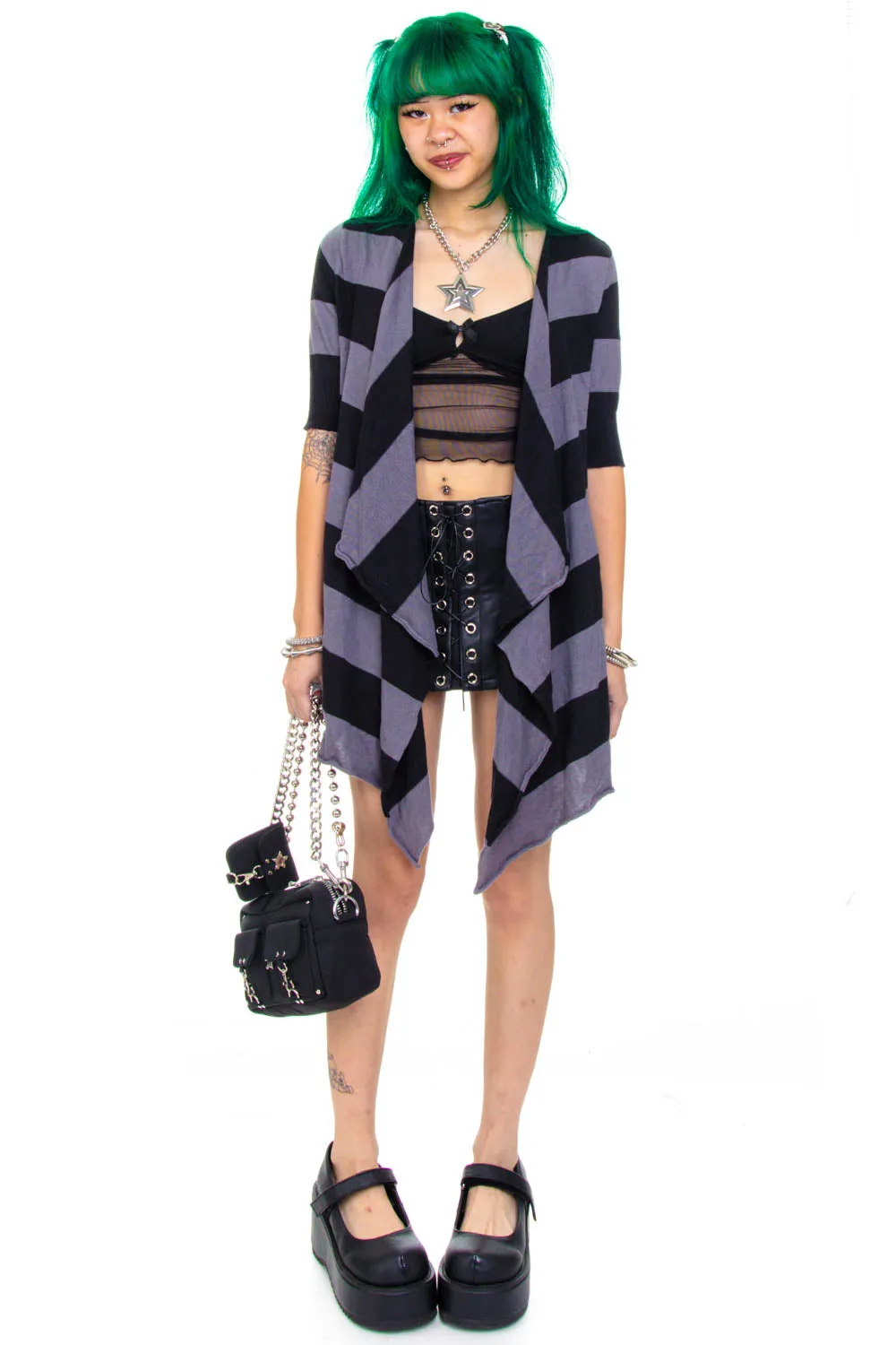 Vintage Y2K Black & Grey Stripe Knit Cardigan - OSFM sold by Tunnel Vision product image thumbnail 3