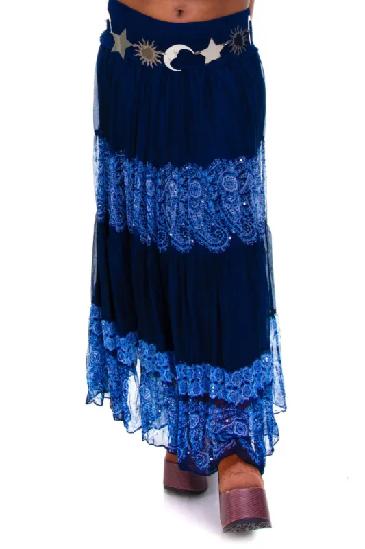 Vintage Y2K Blue Floral Tiered Sequin Maxi Skirt - M/L sold by Tunnel Vision