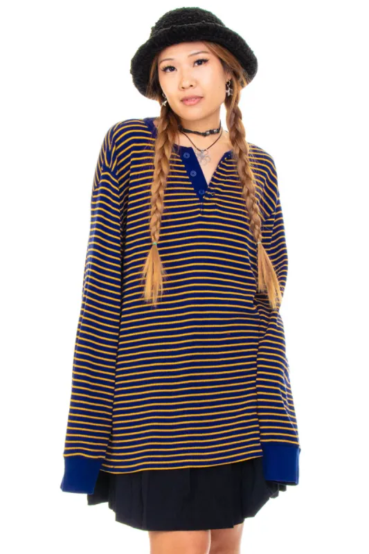 Vintage Y2K Blue & Yellow Striped Thermal Long-Sleeve - OSFM sold by Tunnel Vision