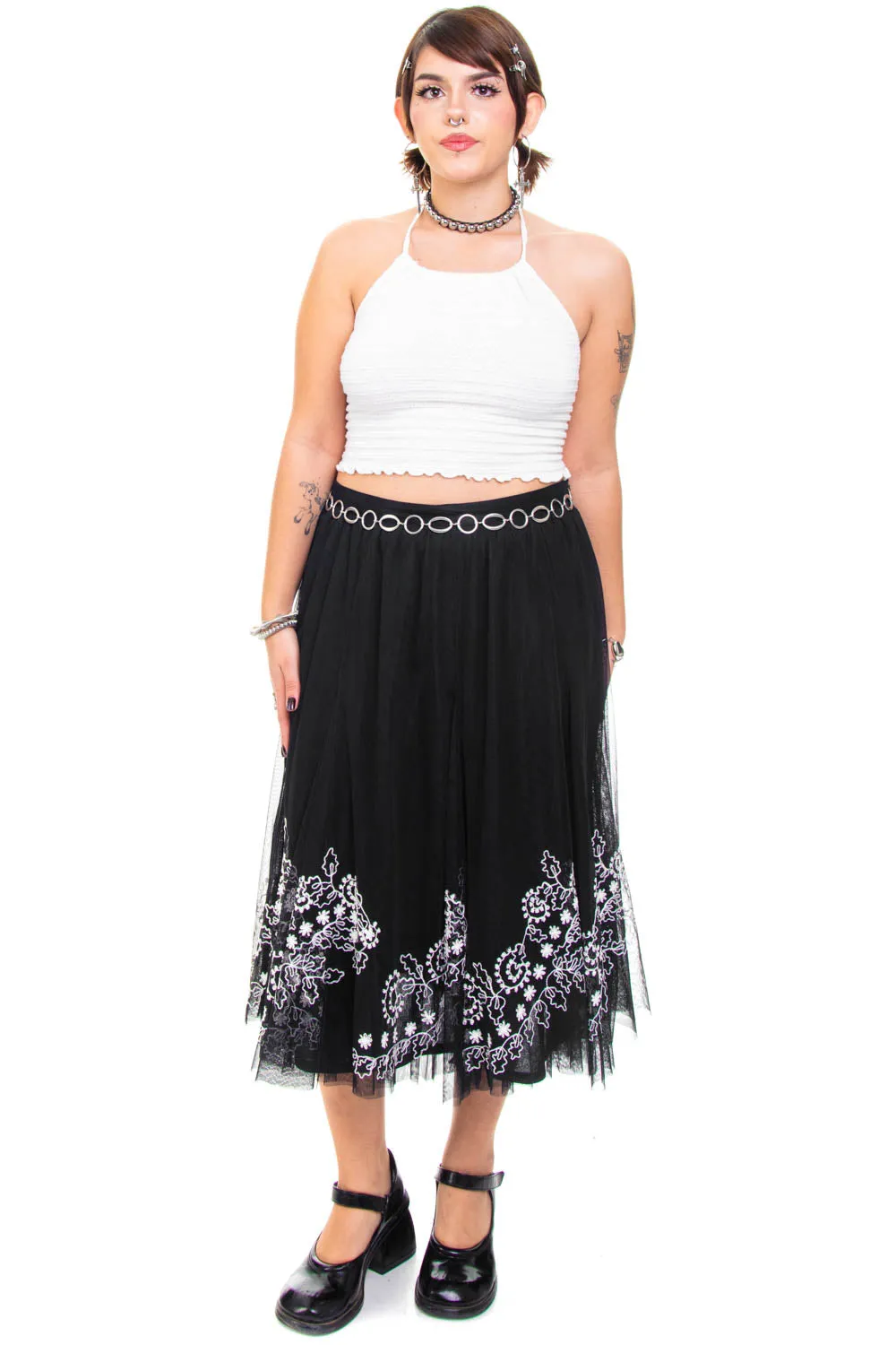 Vintage Y2K B&W Floral Embroidered Maxi Tuelle Skirt - L sold by Tunnel Vision product image thumbnail 3