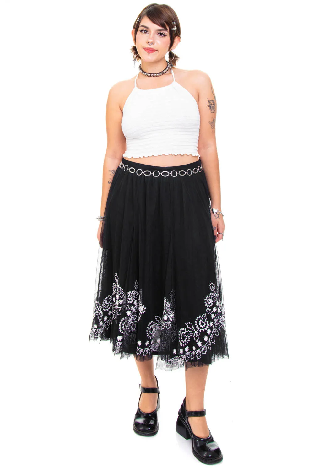 Vintage Y2K B&W Floral Embroidered Maxi Tuelle Skirt - L sold by Tunnel Vision product image thumbnail 2
