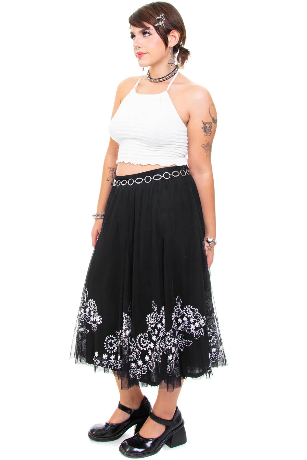 Vintage Y2K B&W Floral Embroidered Maxi Tuelle Skirt - L sold by Tunnel Vision product image thumbnail 4