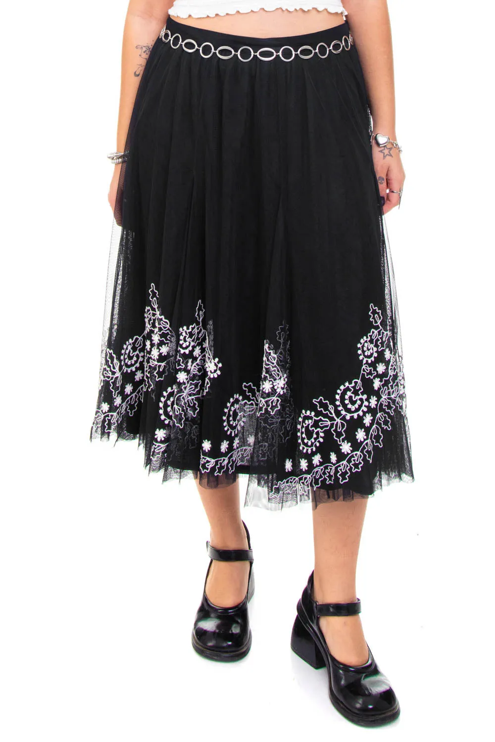 Vintage Y2K B&W Floral Embroidered Maxi Tuelle Skirt - L sold by Tunnel Vision