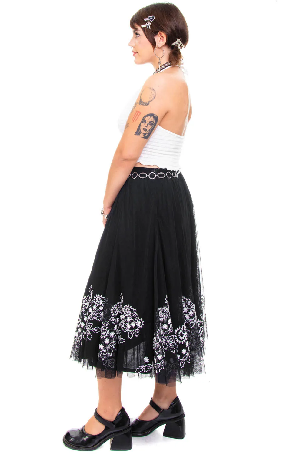 Vintage Y2K B&W Floral Embroidered Maxi Tuelle Skirt - L sold by Tunnel Vision product image thumbnail 5