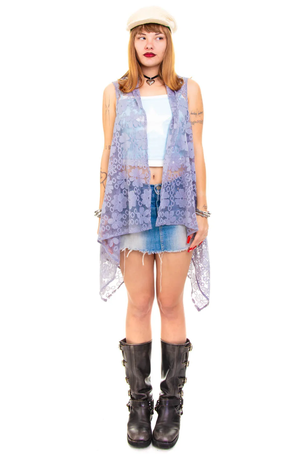 Vintage Y2K Grey Flower Lace Long Vest - OSFM sold by Tunnel Vision