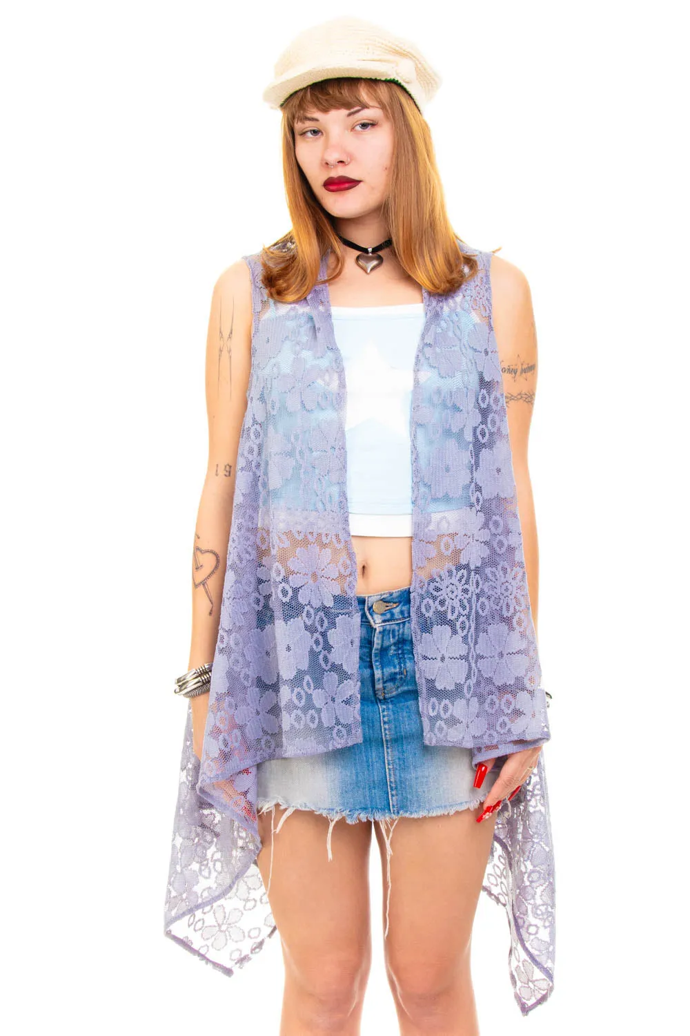Vintage Y2K Grey Flower Lace Long Vest - OSFM sold by Tunnel Vision product image thumbnail 2
