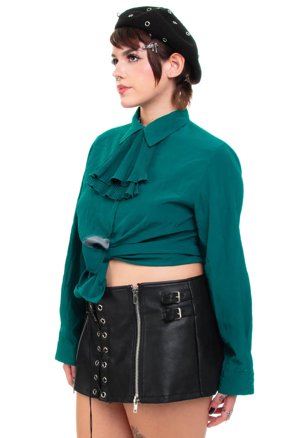 Vintage 90's Sophisticated Ruffle Emerald Blouse - L sold by Tunnel Vision product image thumbnail 3