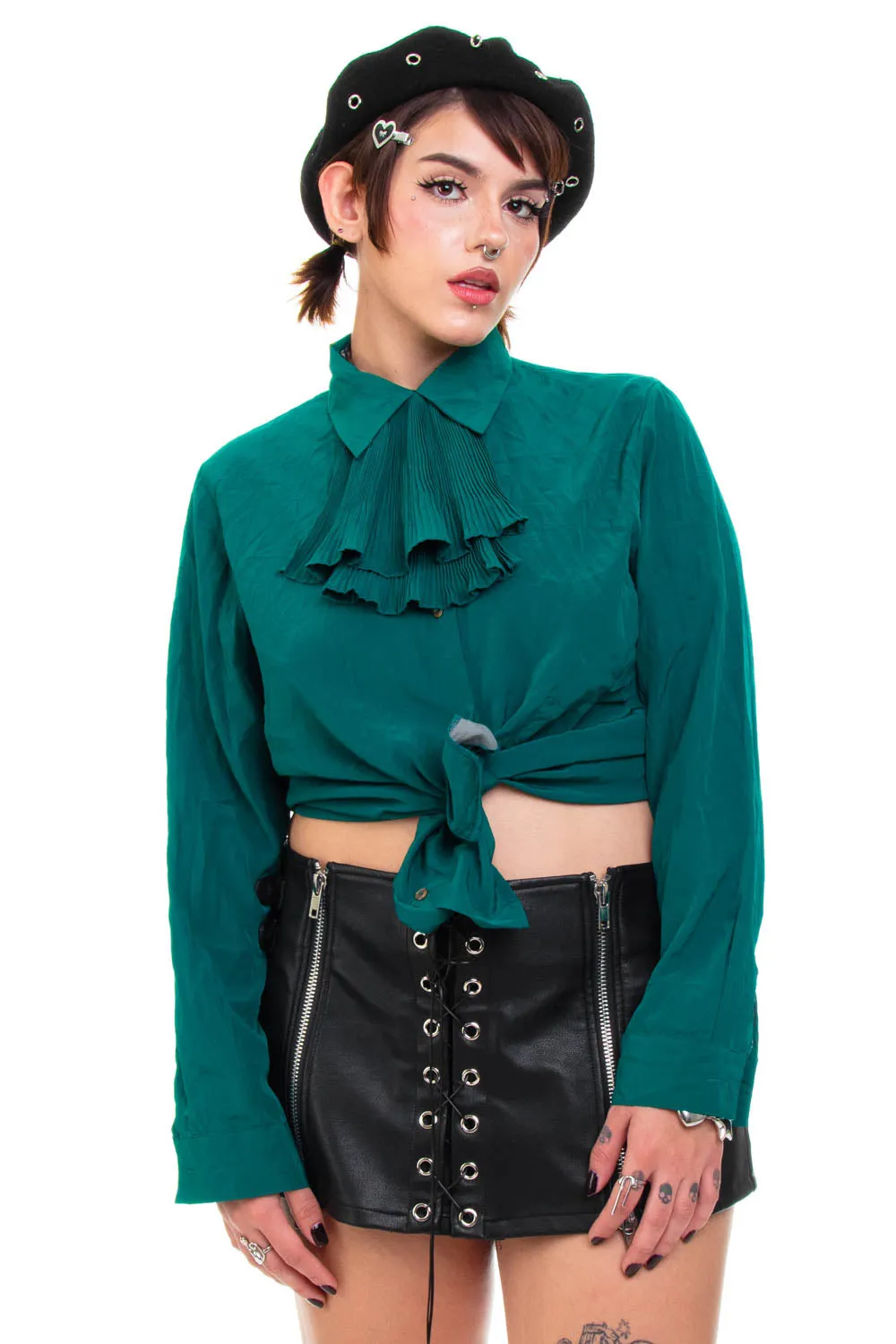 Vintage 90's Sophisticated Ruffle Emerald Blouse - L sold by Tunnel Vision
