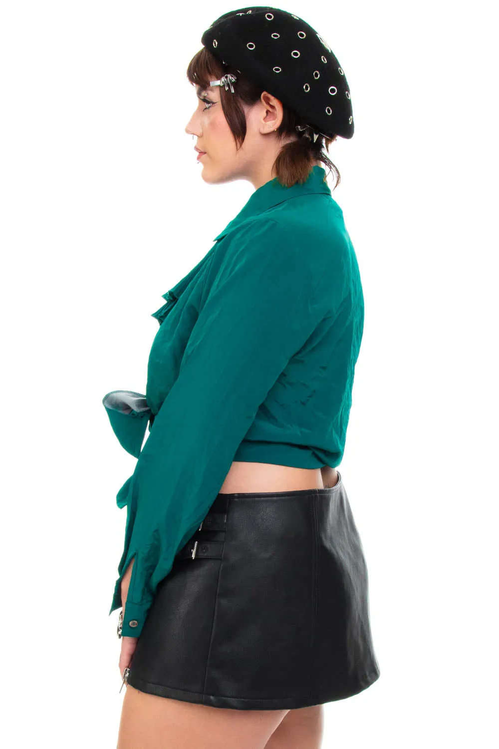 Vintage 90's Sophisticated Ruffle Emerald Blouse - L sold by Tunnel Vision product image thumbnail 4